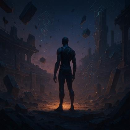 Un hombre de pie ante unas ruinas al atardecer