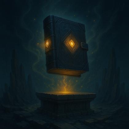 Un códice cerrado sobre un pedestal de luz